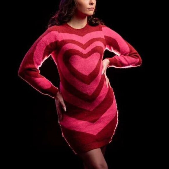 SHEIN Allurite Heart Pattern Round Neck Sweater Dress Pink Red Fitted Bodycon - Picture 5 of 14